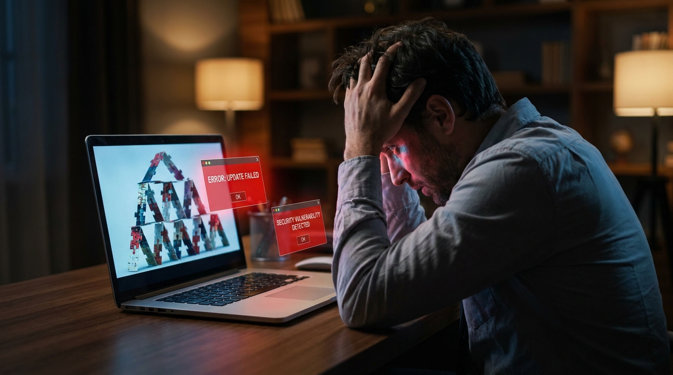 Stresli iş insanının dizüstü bilgisayarında açık olan çökmüş web sitesi, eklenti uyarısı ve sistem hata ekranı