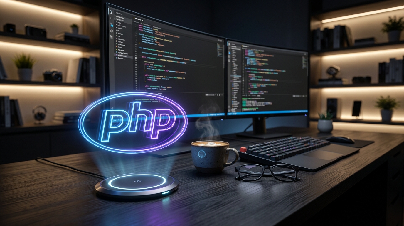 Modern yazılımcı masasında holografik olarak parlayan 3D PHP logosu ve gelişmiş kodlama ekranları