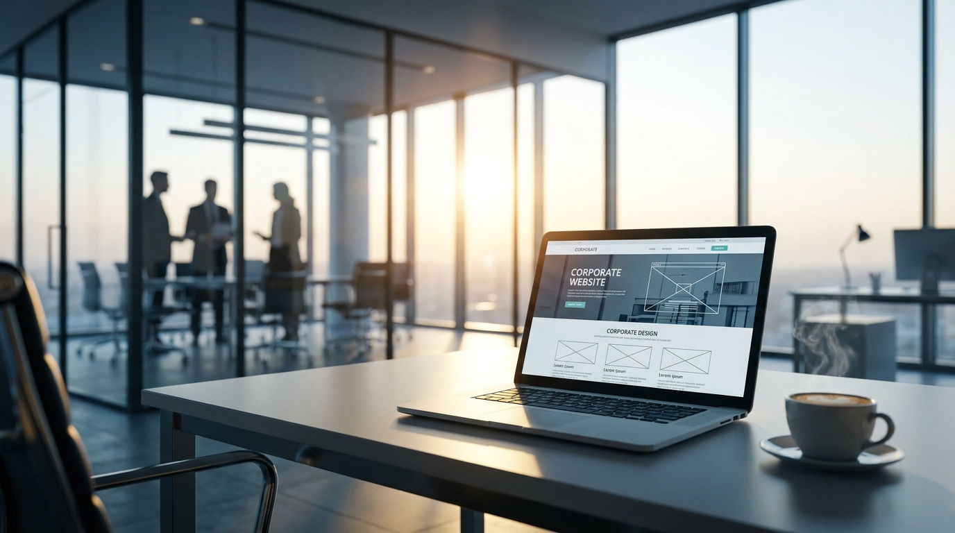Modern ofis ortamında kurumsal web sitesi tasarımı yapılan dizüstü bilgisayar