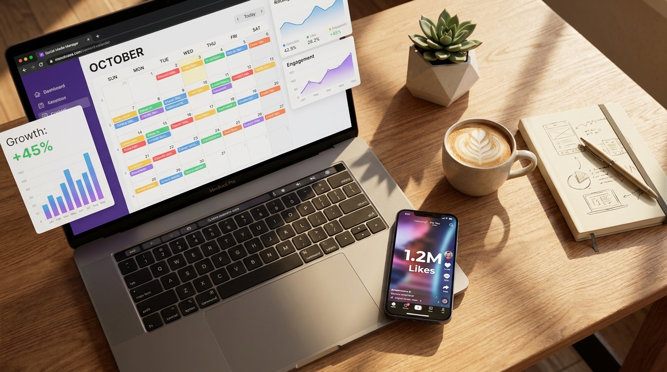 Modern bir reklam ajansında akıllı telefon, dizüstü bilgisayar ve analiz araçlarıyla yapılan sosyal medya içerik takvimi planlaması