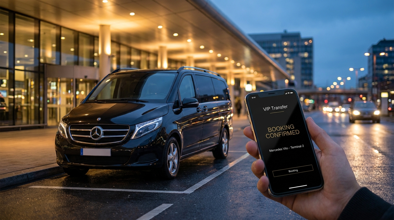 Havalimanı terminali önünde bekleyen lüks VIP transfer aracı ve akıllı telefonda onaylanmış online rezervasyon ekranı