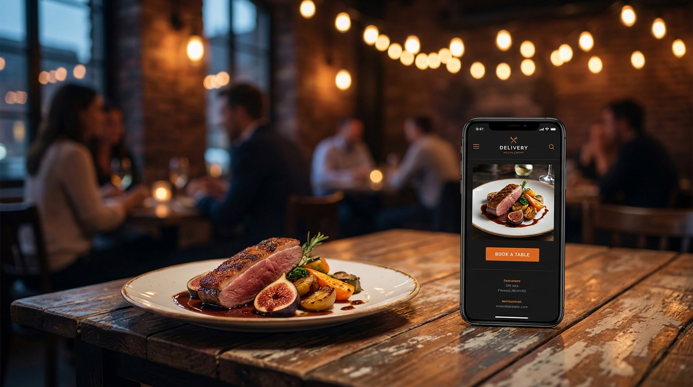 Restoran masasında sunulan şık bir yemek ve akıllı telefonda açık olan modern online rezervasyonlu restoran web sitesi arayüzü