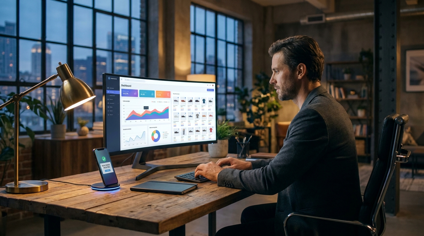 Loft ofiste kavisli monitörde e-ticaret satış paneli ve online sipariş bildirimi