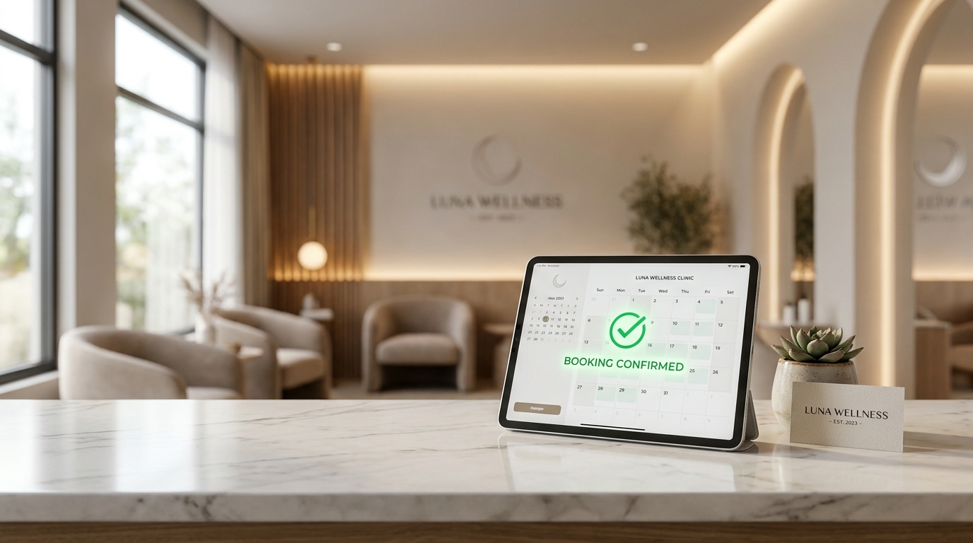 Modern bir klinik resepsiyonunda online randevu onayı ekranı gösteren tablet ve randevu sistemli web sitesi arayüzü